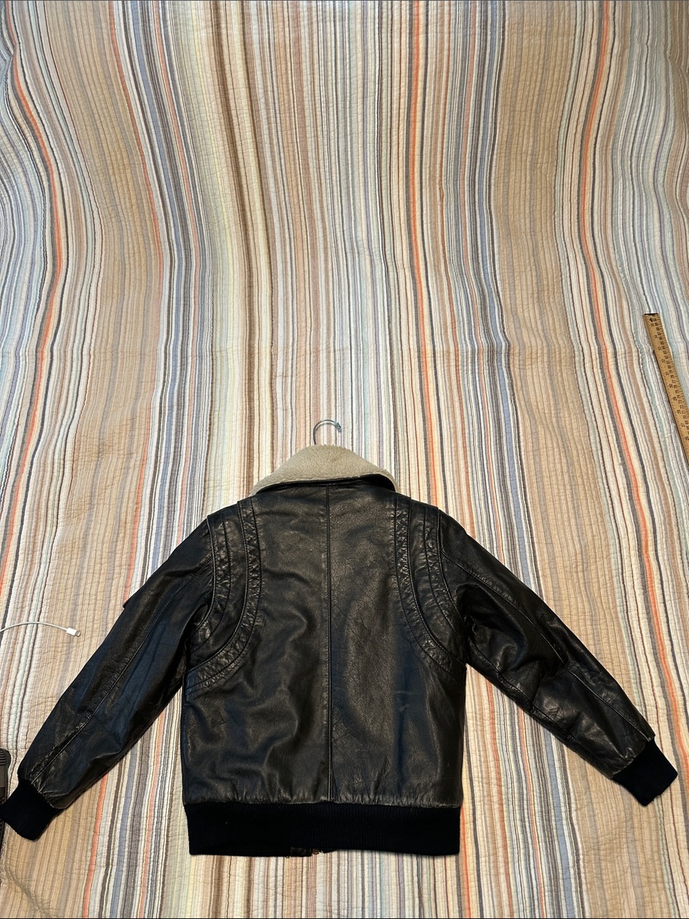 Vintage 1980’s Boys London Fog Black Real Leather Bomber Jacket Sherpa Collar - Picture 8 of 16